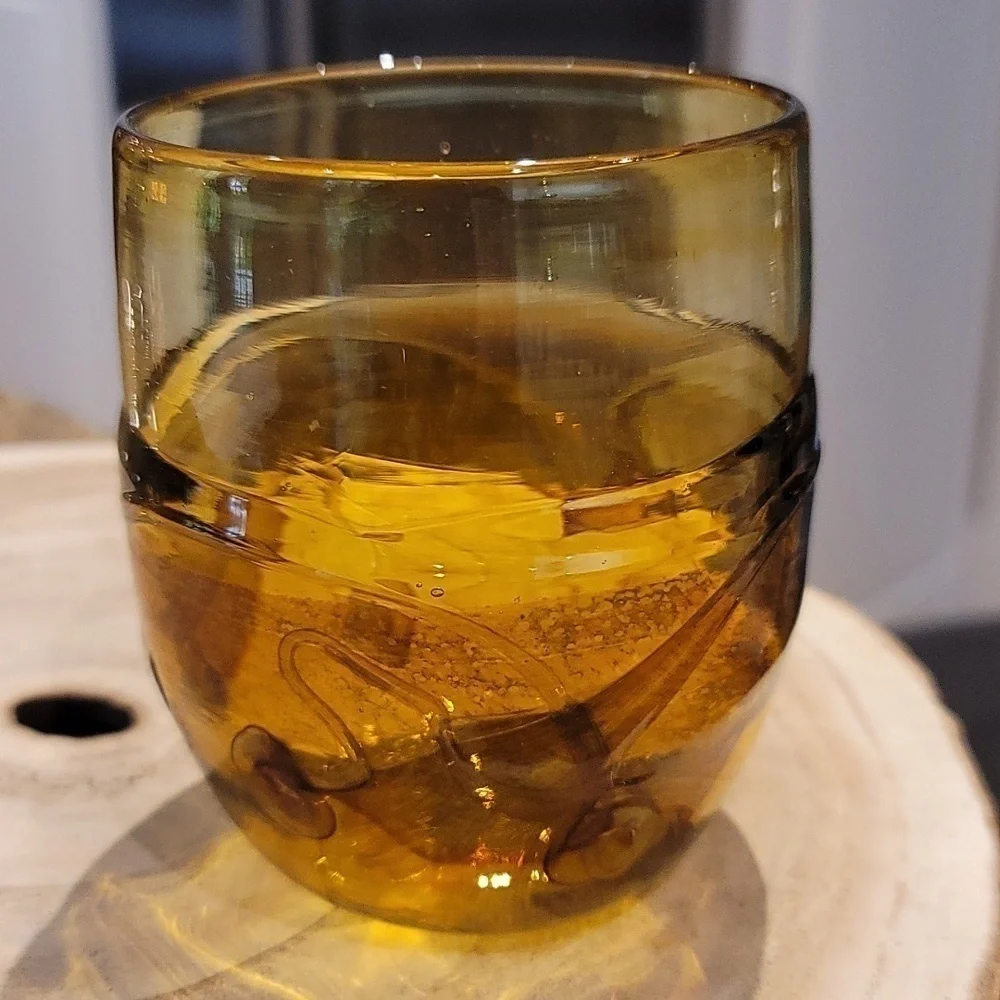 Federick Warren Signed Vintage Amber Handblown Art Glass Swirl Tumblers 1987